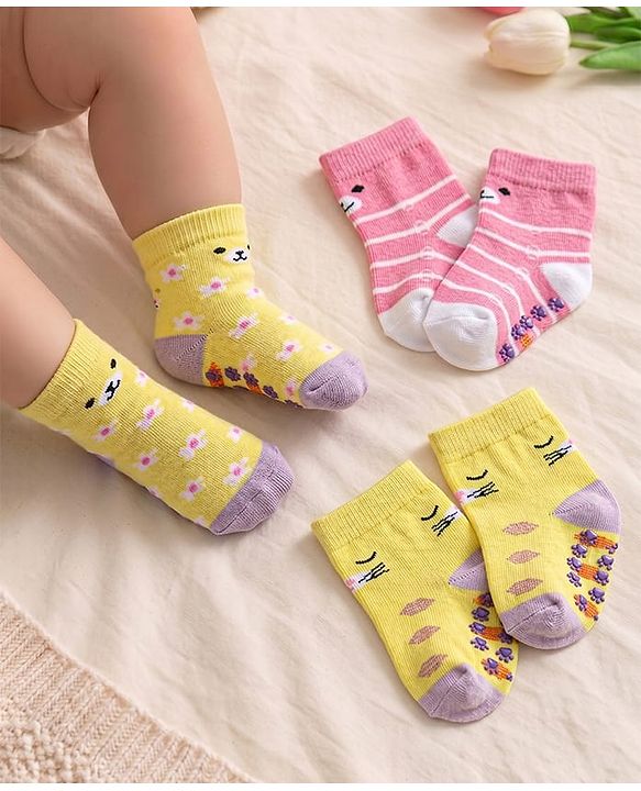 Cute Walk by Babyhug Knit Ankle Length Anti Skid Socks With Stripes & Floral Design Pack Of 3 - Yellow & Pink