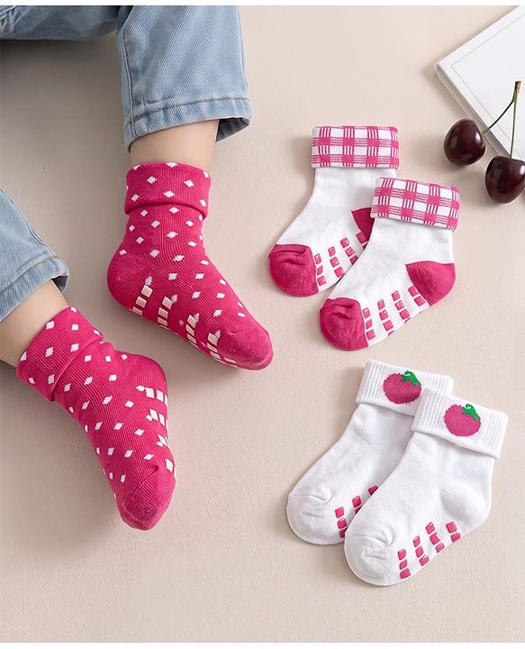 Cute Walk by Babyhug Knit Antibacterial Ankle Length Anti Skid Socks With Polka Dots & Tropical Theme Design Pack Of 3 - White & Red