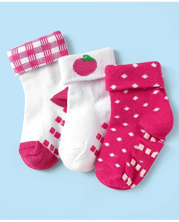 Cute Walk by Babyhug Knit Antibacterial Ankle Length Anti Skid Socks With Polka Dots & Tropical Theme Design Pack Of 3 - White & Red