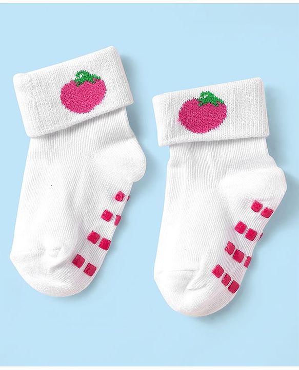 Cute Walk by Babyhug Knit Antibacterial Ankle Length Anti Skid Socks With Polka Dots & Tropical Theme Design Pack Of 3 - White & Red