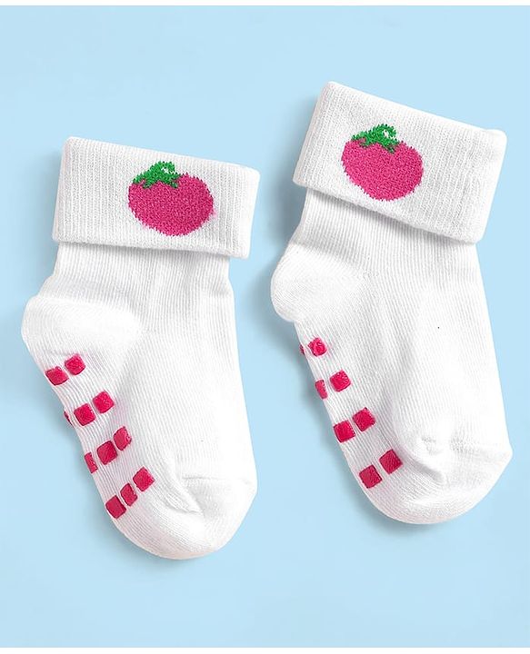 Cute Walk by Babyhug Knit Antibacterial Ankle Length Anti Skid Socks With Polka Dots & Tropical Theme Design Pack Of 3 - White & Red