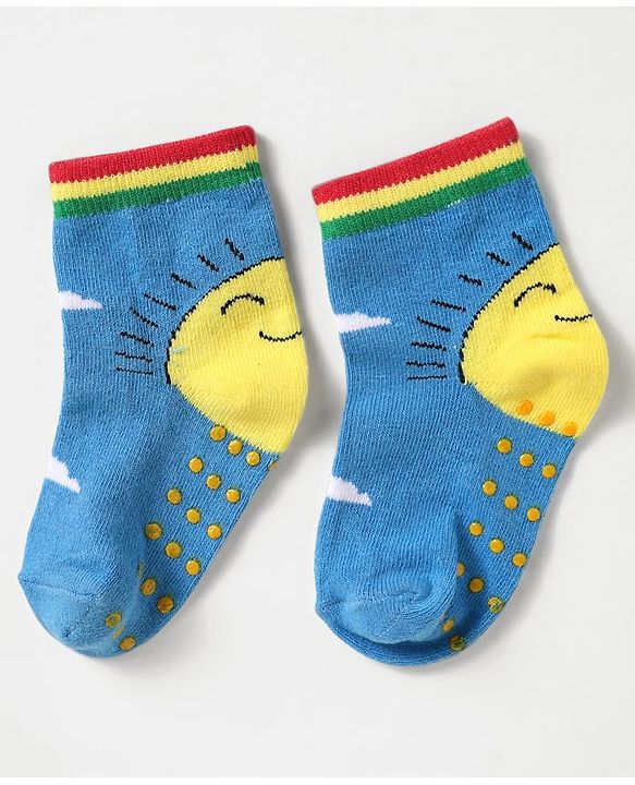 Cute Walk by Babyhug Knit Antibacterial Ankle Length Anti Skid Socks With Sun Design Pack Of 3 - Red Blue & Light Blue
