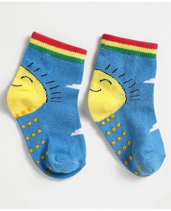 Cute Walk by Babyhug Knit Antibacterial Ankle Length Anti Skid Socks With Sun Design Pack Of 3 - Red Blue & Light Blue