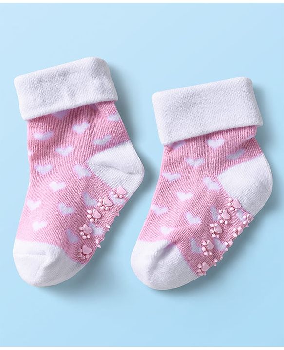 Cutewalk by Babyhug Ankle Length Anti-Bacterial Anti Skid Socks with Stripes & Heart Design Pack of 3 - Pink & White