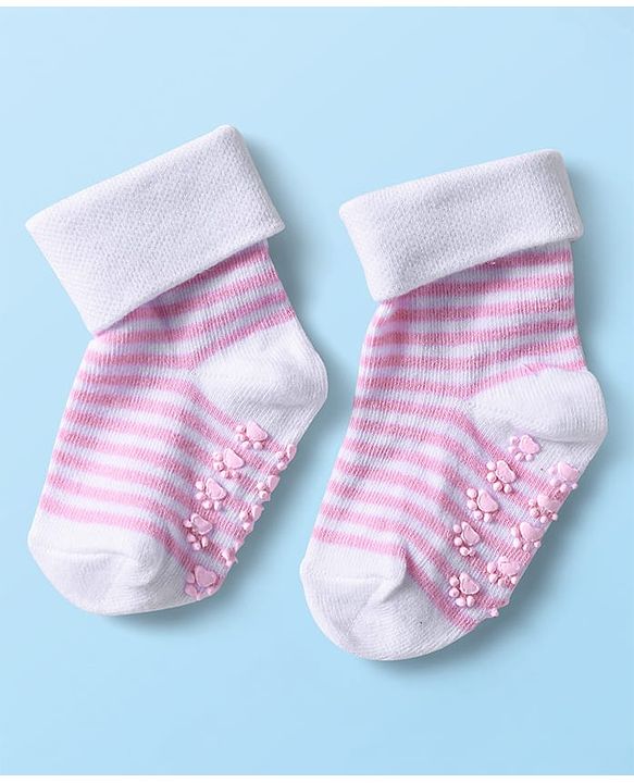 Cutewalk by Babyhug Ankle Length Anti-Bacterial Anti Skid Socks with Stripes & Heart Design Pack of 3 - Pink & White