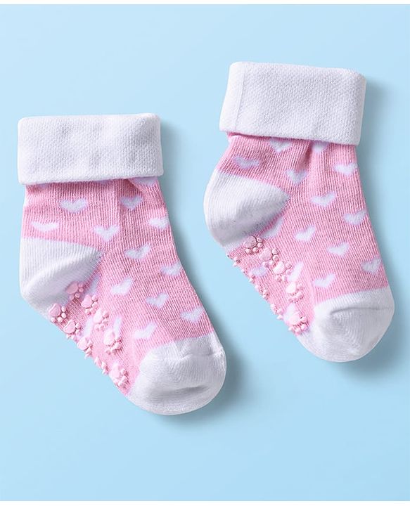 Cutewalk by Babyhug Ankle Length Anti-Bacterial Anti Skid Socks with Stripes & Heart Design Pack of 3 - Pink & White