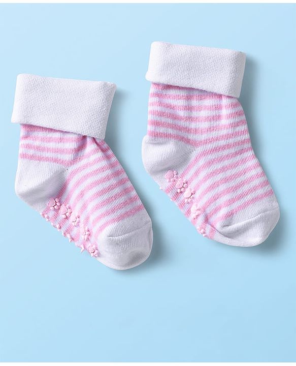 Cutewalk by Babyhug Ankle Length Anti-Bacterial Anti Skid Socks with Stripes & Heart Design Pack of 3 - Pink & White