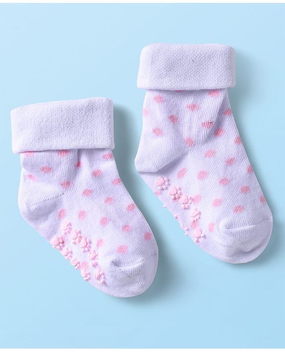Cutewalk by Babyhug Ankle Length Anti-Bacterial Anti Skid Socks with Stripes & Heart Design Pack of 3 - Pink & White