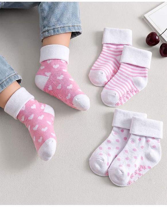 Cutewalk by Babyhug Ankle Length Anti-Bacterial Anti Skid Socks with Stripes & Heart Design Pack of 3 - Pink & White