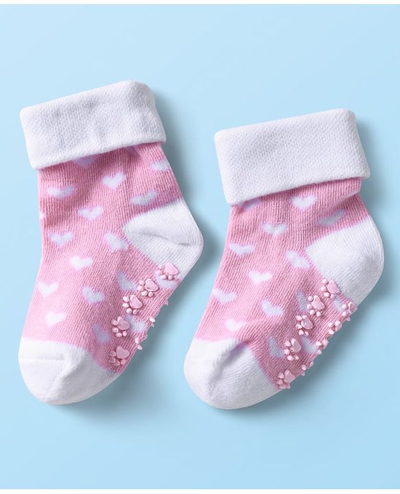 Cutewalk by Babyhug Ankle Length Anti-Bacterial Anti Skid Socks with Stripes & Heart Design Pack of 3 - Pink & White