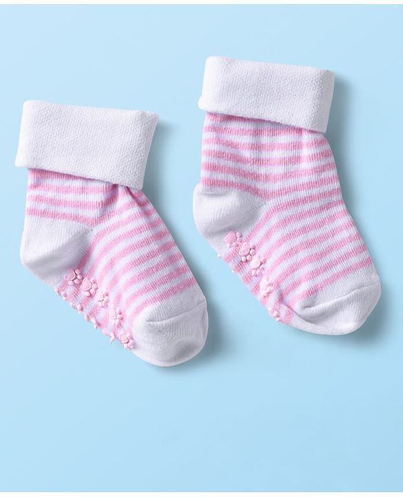 Cutewalk by Babyhug Ankle Length Anti-Bacterial Anti Skid Socks with Stripes & Heart Design Pack of 3 - Pink & White