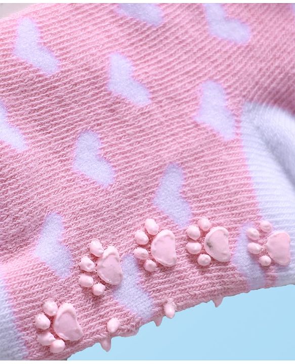 Cutewalk by Babyhug Ankle Length Anti-Bacterial Anti Skid Socks with Stripes & Heart Design Pack of 3 - Pink & White