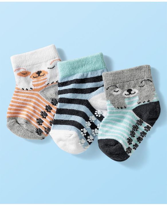 Cute Walk by Babyhug Knit Ankle Length Anti Bacterial Anti Skid Socks with Animal Design Pack of 3 - Grey Light Blue & Cream