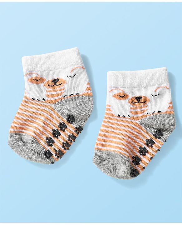 Cute Walk by Babyhug Knit Ankle Length Anti Bacterial Anti Skid Socks with Animal Design Pack of 3 - Grey Light Blue & Cream