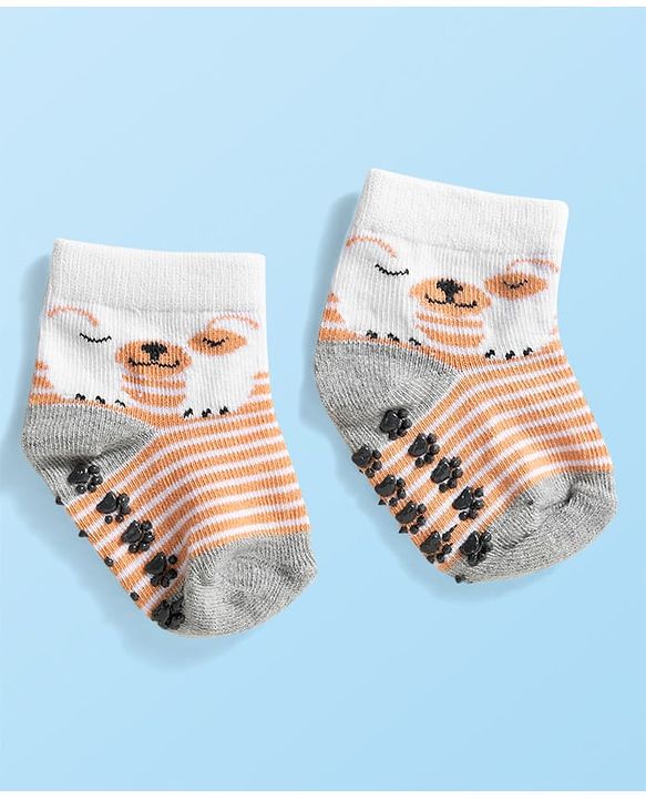 Cute Walk by Babyhug Knit Ankle Length Anti Bacterial Anti Skid Socks with Animal Design Pack of 3 - Grey Light Blue & Cream