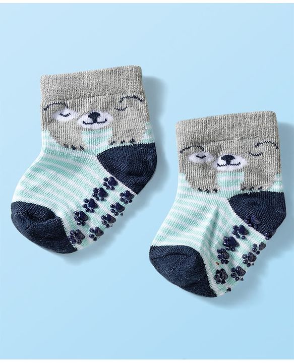 Cute Walk by Babyhug Knit Ankle Length Anti Bacterial Anti Skid Socks with Animal Design Pack of 3 - Grey Light Blue & Cream