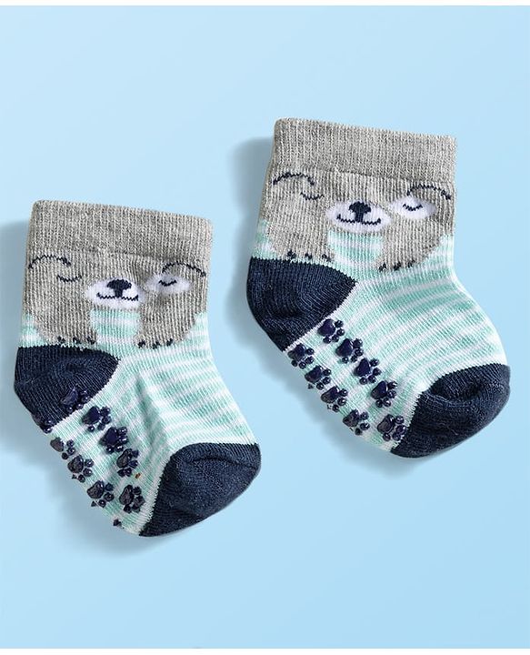 Cute Walk by Babyhug Knit Ankle Length Anti Bacterial Anti Skid Socks with Animal Design Pack of 3 - Grey Light Blue & Cream