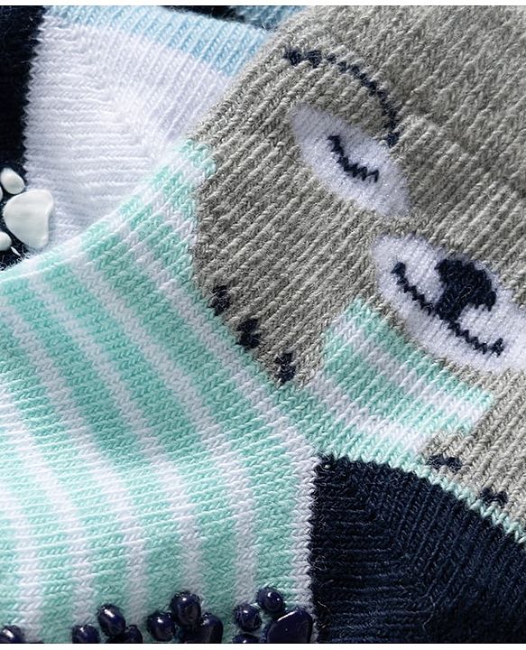Cute Walk by Babyhug Knit Ankle Length Anti Bacterial Anti Skid Socks with Animal Design Pack of 3 - Grey Light Blue & Cream