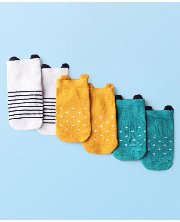 Cute Walk by Babyhug Knit Ankle Length Anti Bacterial Anti Skid Socks with Polka Dot Design & Stripes Pack of 3 - Yellow Mint & White