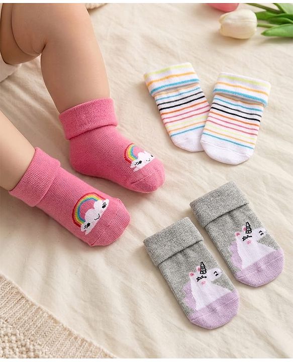 Cute Walk by Babyhug Ankle Length Anti Bacterial Anti Skid Striped Socks with Rainbow & Unicorn Design Pack of 3 - Pink Grey & White