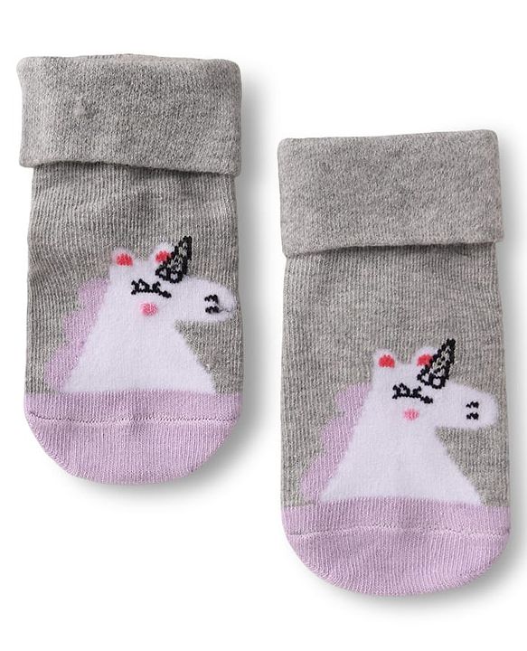 Cute Walk by Babyhug Ankle Length Anti Bacterial Anti Skid Striped Socks with Rainbow & Unicorn Design Pack of 3 - Pink Grey & White