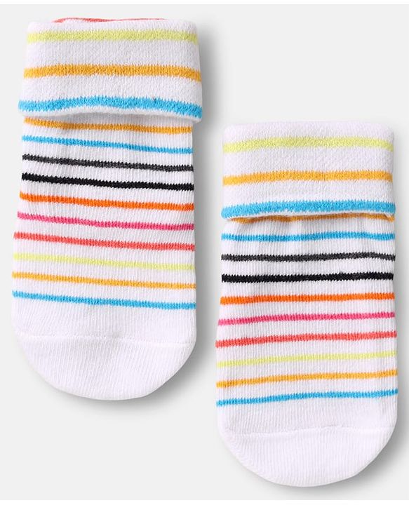 Cute Walk by Babyhug Ankle Length Anti Bacterial Anti Skid Striped Socks with Rainbow & Unicorn Design Pack of 3 - Pink Grey & White