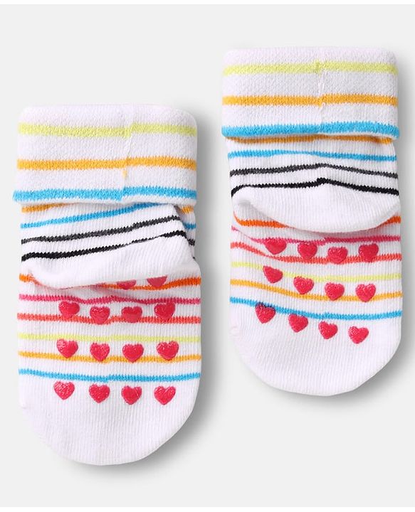 Cute Walk by Babyhug Ankle Length Anti Bacterial Anti Skid Striped Socks with Rainbow & Unicorn Design Pack of 3 - Pink Grey & White