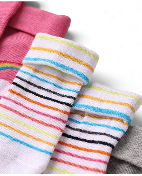 Cute Walk by Babyhug Ankle Length Anti Bacterial Anti Skid Striped Socks with Rainbow & Unicorn Design Pack of 3 - Pink Grey & White