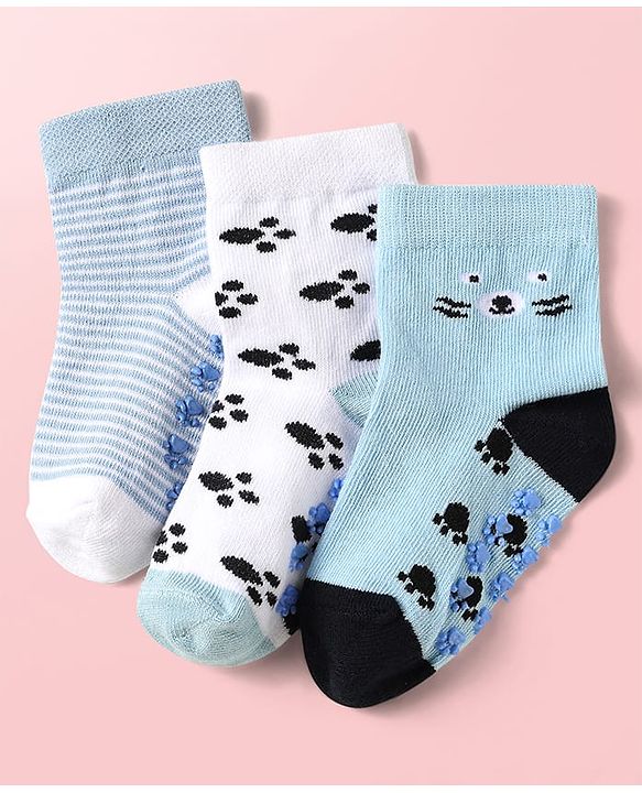 Cute Walk By Babyhug Knit Ankle Length Antibacterial Anti Skid Socks with Stripes & Paw Design Pack of 3 - Light Blue & White