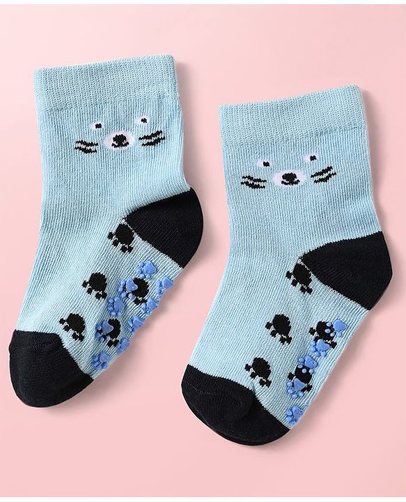 Cute Walk By Babyhug Knit Ankle Length Antibacterial Anti Skid Socks with Stripes & Paw Design Pack of 3 - Light Blue & White