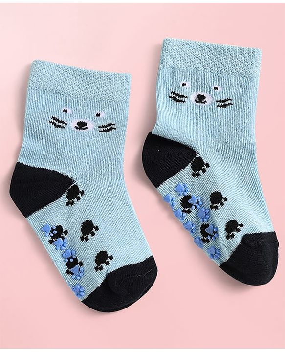 Cute Walk By Babyhug Knit Ankle Length Antibacterial Anti Skid Socks with Stripes & Paw Design Pack of 3 - Light Blue & White