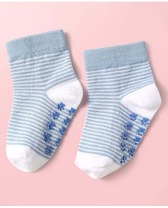 Cute Walk By Babyhug Knit Ankle Length Antibacterial Anti Skid Socks with Stripes & Paw Design Pack of 3 - Light Blue & White