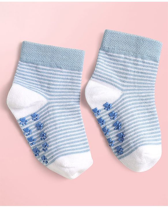 Cute Walk By Babyhug Knit Ankle Length Antibacterial Anti Skid Socks with Stripes & Paw Design Pack of 3 - Light Blue & White
