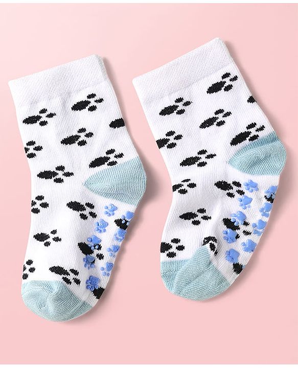 Cute Walk By Babyhug Knit Ankle Length Antibacterial Anti Skid Socks with Stripes & Paw Design Pack of 3 - Light Blue & White
