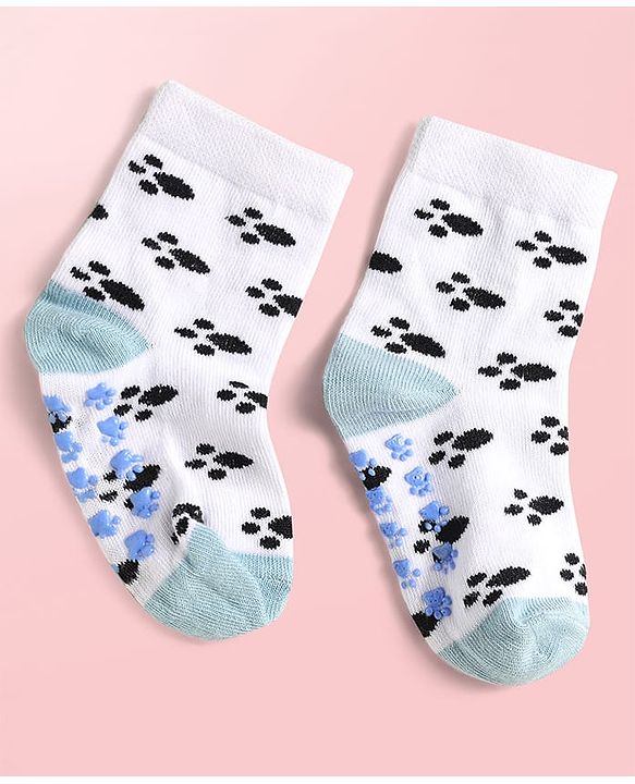 Cute Walk By Babyhug Knit Ankle Length Antibacterial Anti Skid Socks with Stripes & Paw Design Pack of 3 - Light Blue & White