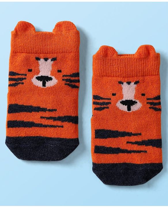 Cute Walk By Babyhug Cotton Knit Ankle Length Anti Bacterial Anti Skid Socks With Animal Print Pack Of 3 - Multi Colour