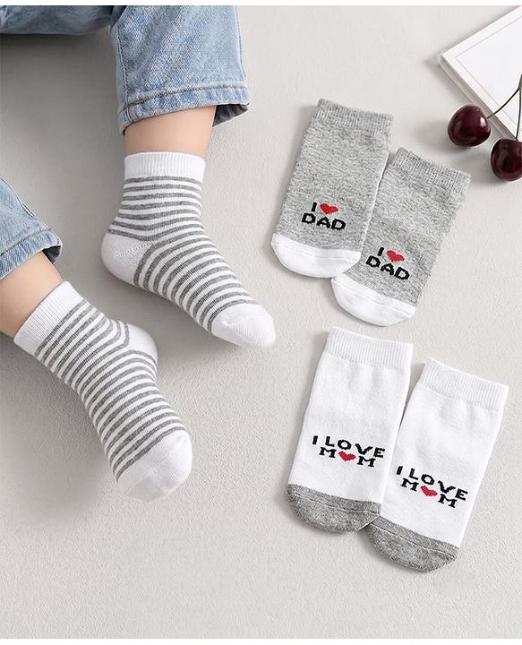 Cute Walk By Babyhug Knit Ankle Length Antibacterial  Socks with Stripes & I Love Mom & Dad Text Print Pack of 3 - Grey & White