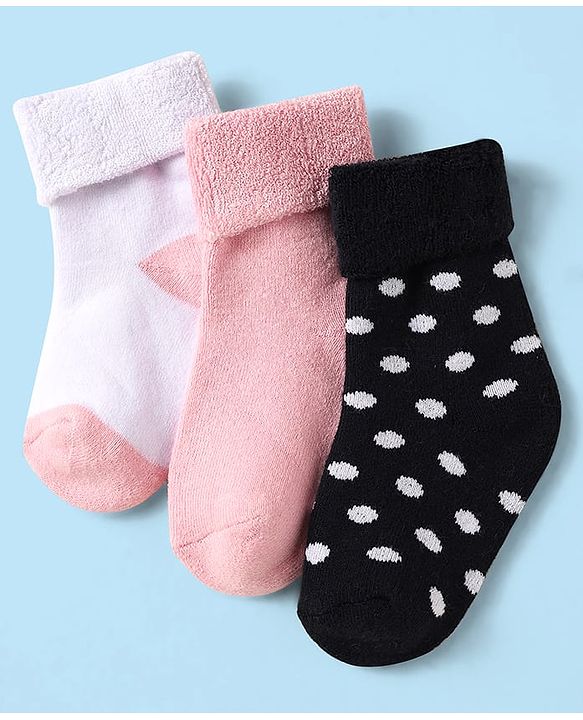 Cute Walk By Babyhug Knit Ankle Length Antibacterial  Socks with Polka Dot Print Pack of 3 -  Pink & White