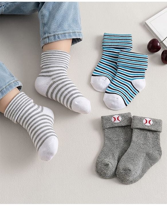 Cute Walk By Babyhug Knit Ankle Length Antibacterial Socks with Stripe Design Pack of 3 - Grey & Blue