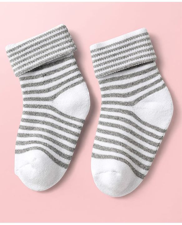 Cute Walk By Babyhug Knit Ankle Length Antibacterial Socks with Stripe Design Pack of 3 - Grey & Blue