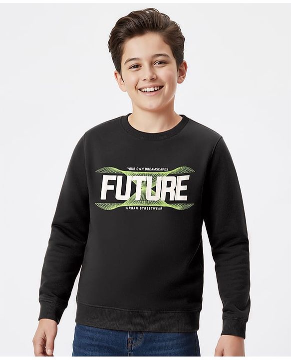 Pine Kids Knit Full Sleeves Sweatshirt With Future Print - Black