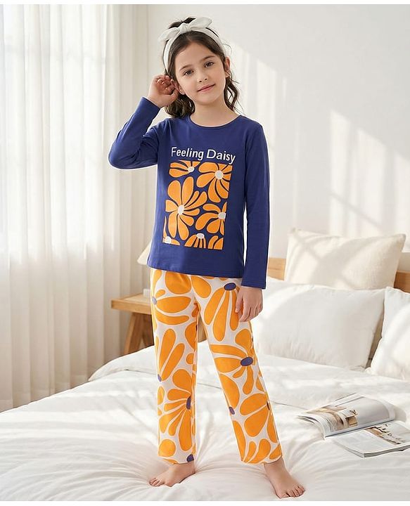 Pine Kids 100% Cotton Full Sleeves Night Suit With Floral Print - Navy Blue & Orange