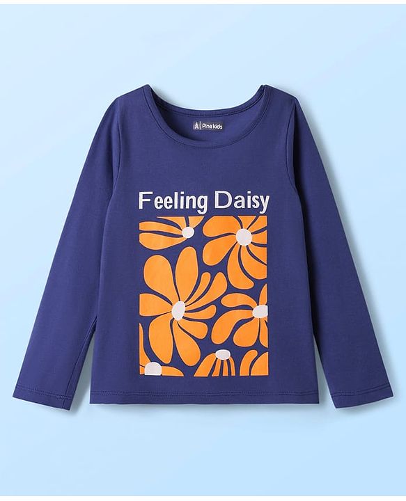 Pine Kids 100% Cotton Full Sleeves Night Suit With Floral Print - Navy Blue & Orange