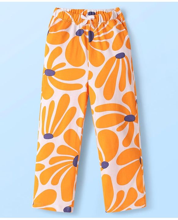 Pine Kids 100% Cotton Full Sleeves Night Suit With Floral Print - Navy Blue & Orange