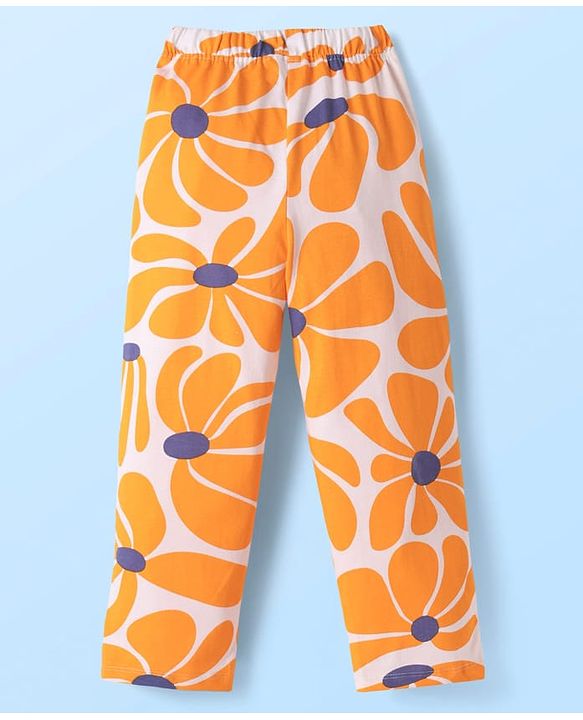 Pine Kids 100% Cotton Full Sleeves Night Suit With Floral Print - Navy Blue & Orange