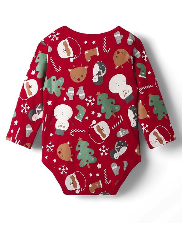 Babyhug 100% Cotton Knit Full Sleeves Christmas Printed Onesie with Leggings & Cap - Red