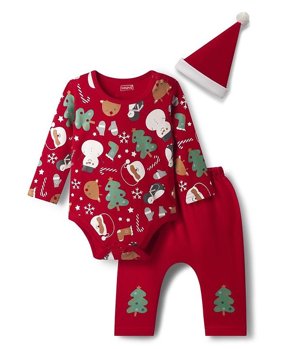 Babyhug 100% Cotton Knit Full Sleeves Christmas Printed Onesie with Leggings & Cap - Red