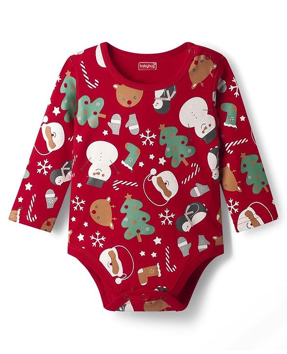 Babyhug 100% Cotton Knit Full Sleeves Christmas Printed Onesie with Leggings & Cap - Red