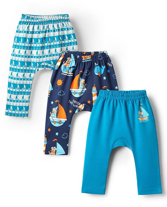 Babyhug Cotton Knit Full Length Diaper Leggings With Nautical Theme Print Pack Of 3 - Light Blue & Navy Blue