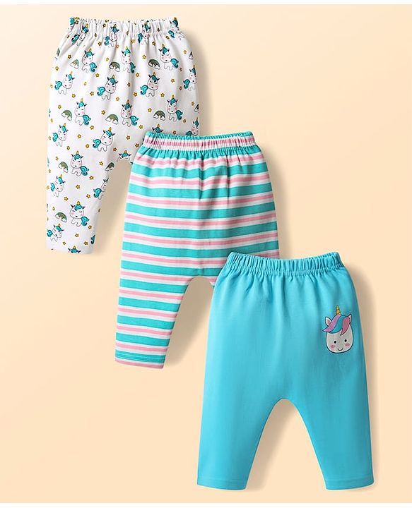 Babyhug Cotton Knit Full Length Diaper Leggings With Stripes & Unicorn Print Pack Of 3 - Light Blue & White